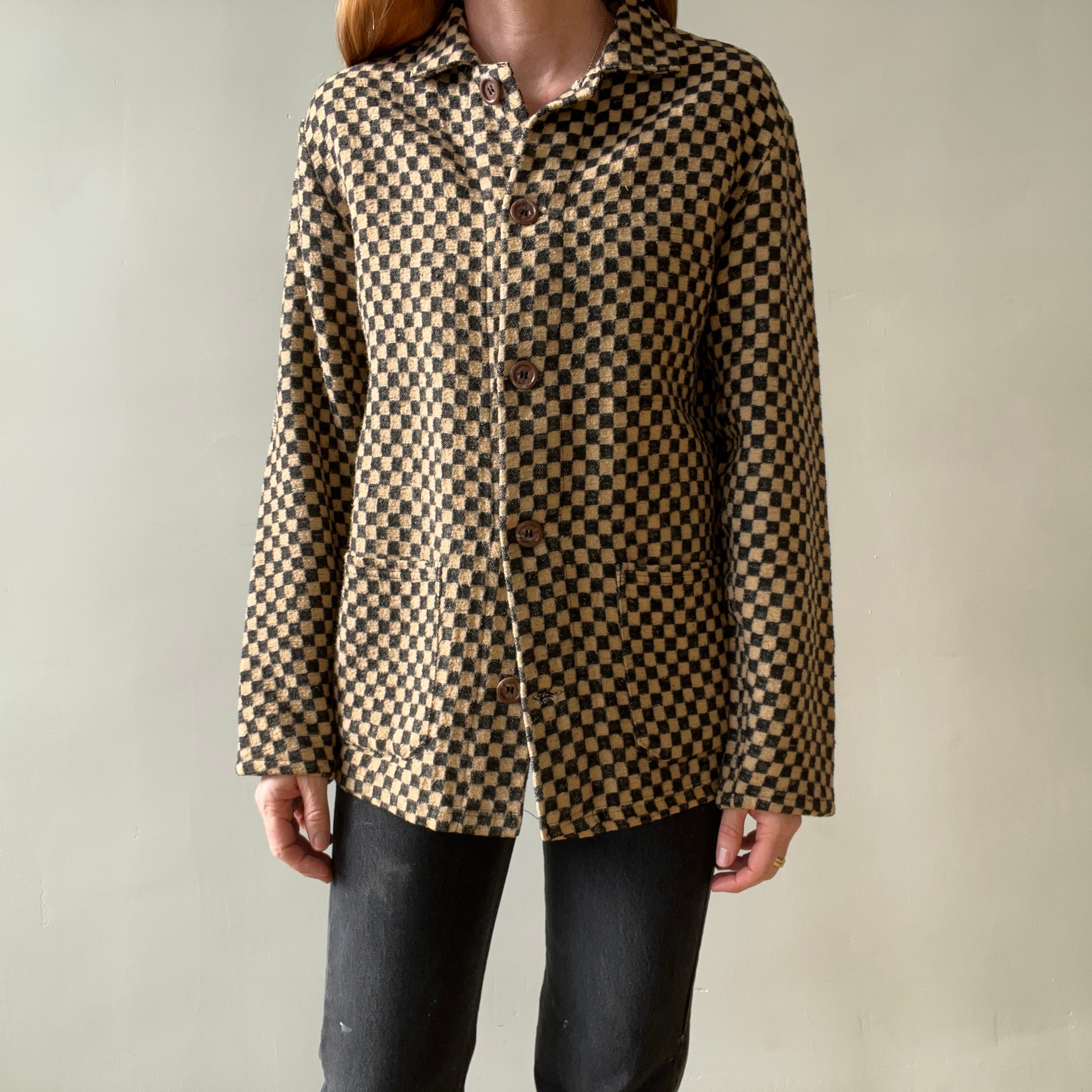 1940s Brown And Black Checkered Jacket Of Re Purposed Fabric