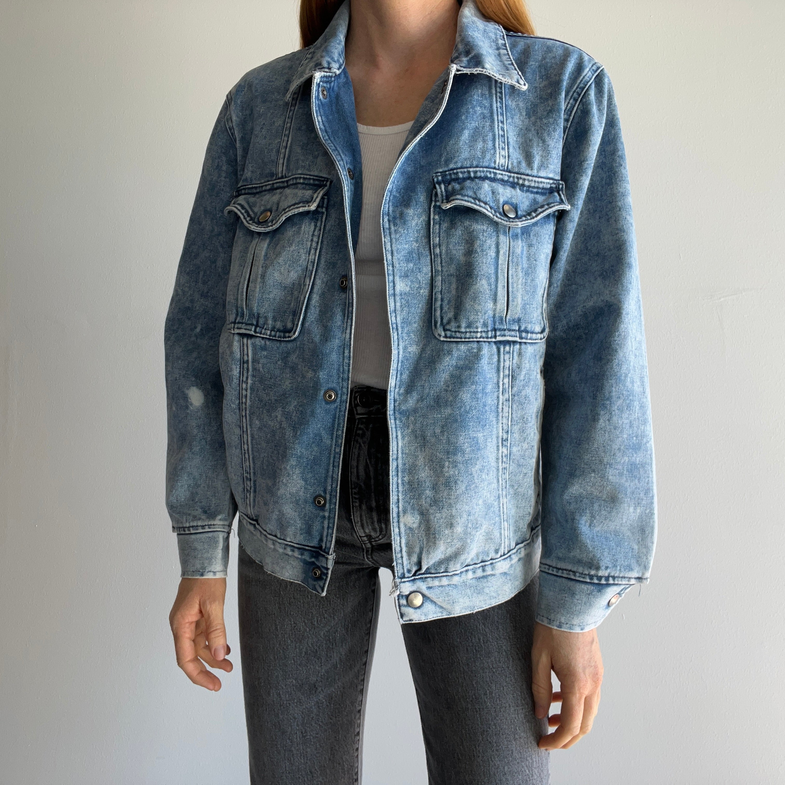 1980s Acid Wash Epic Chest Pocket Snap Denim Jacket with Bleach Staining