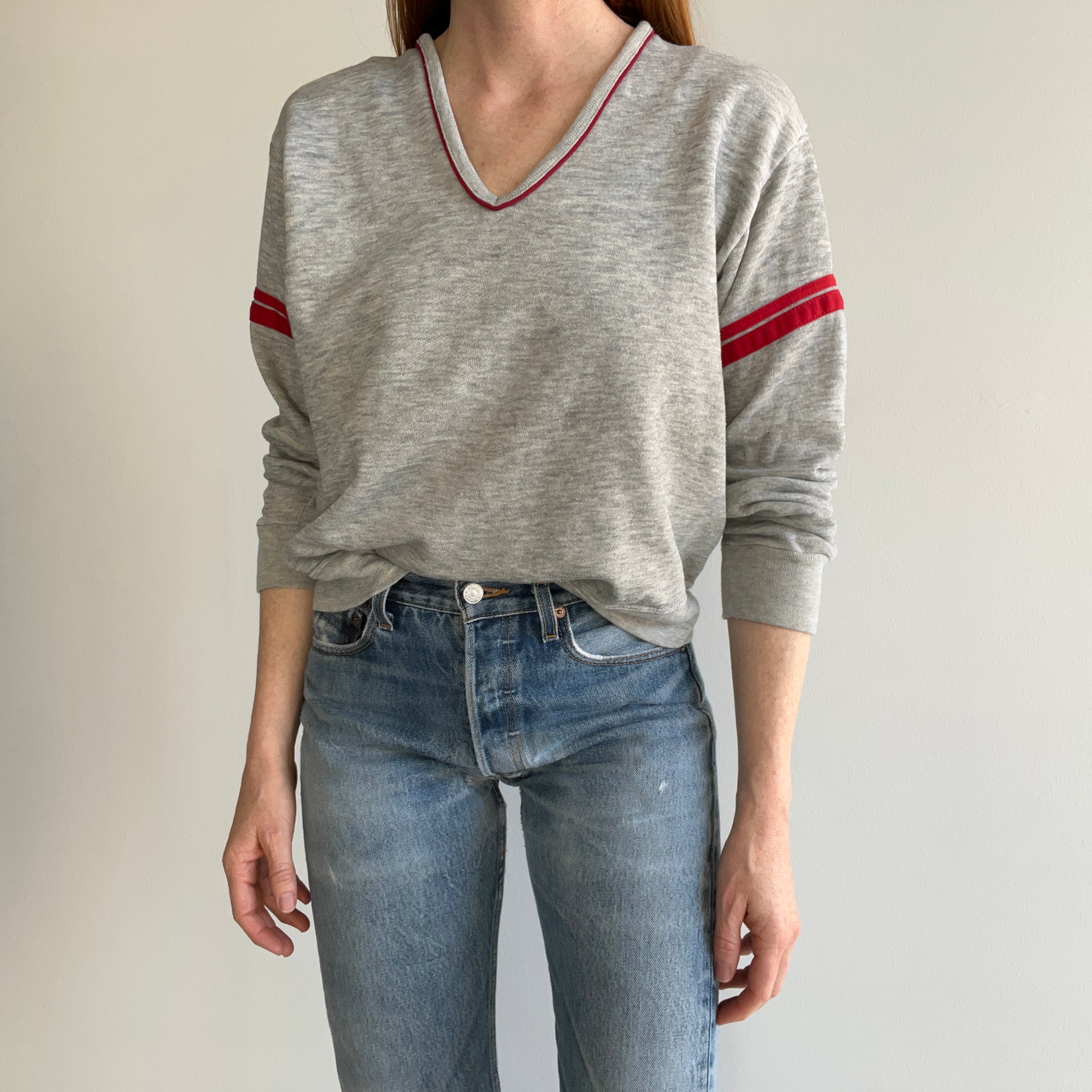 1980s Ruth's Paper Thin Worn Out Bassett Walker Double Stripe V-Neck Sweatshirt