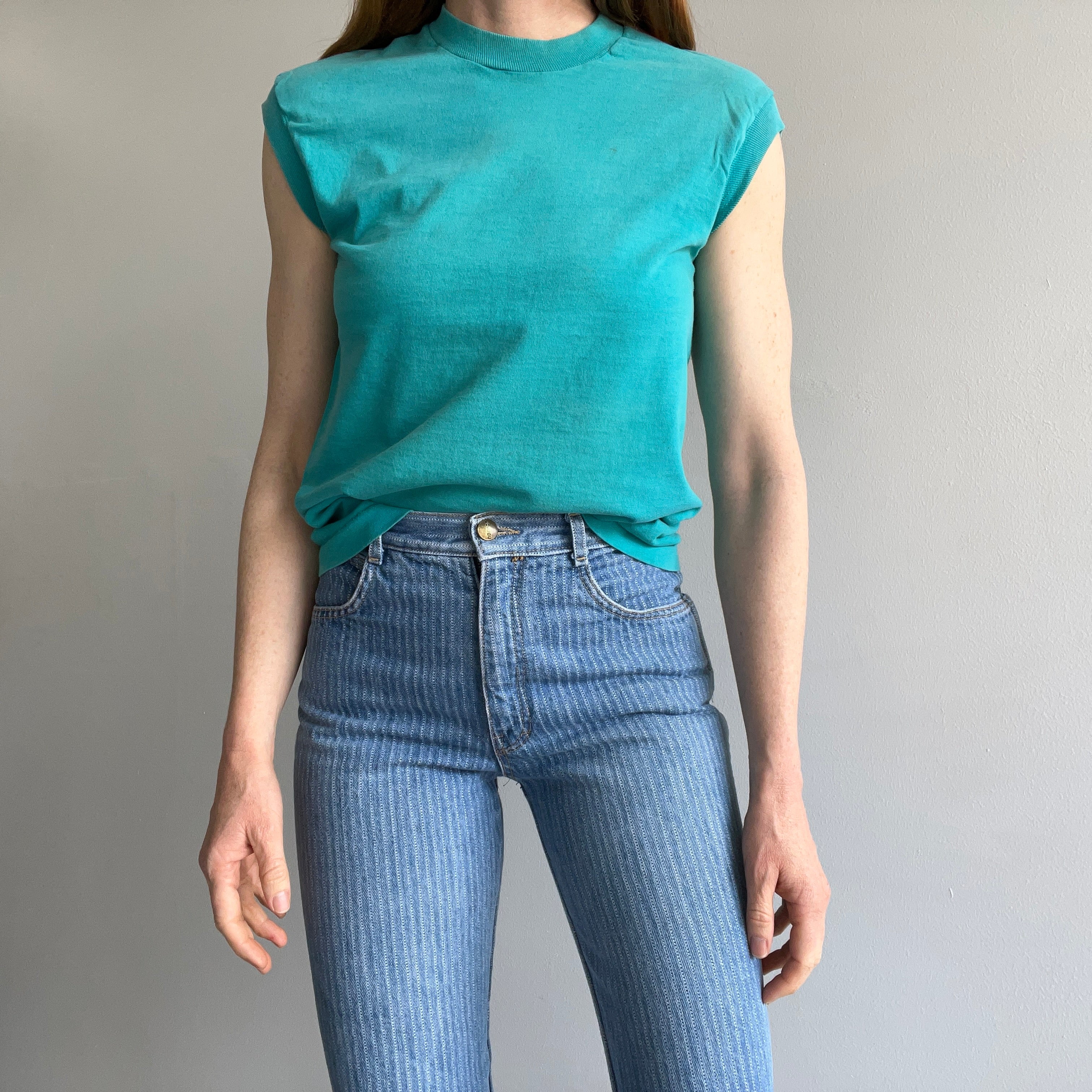 1980s Rad Sun Fading and Whiskering Teal Muscle Pocket Tank - YES!