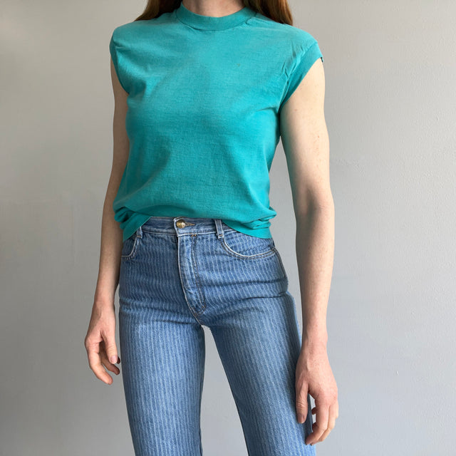1980s Rad Sun Fading and Whiskering Teal Muscle Pocket Tank - YES!