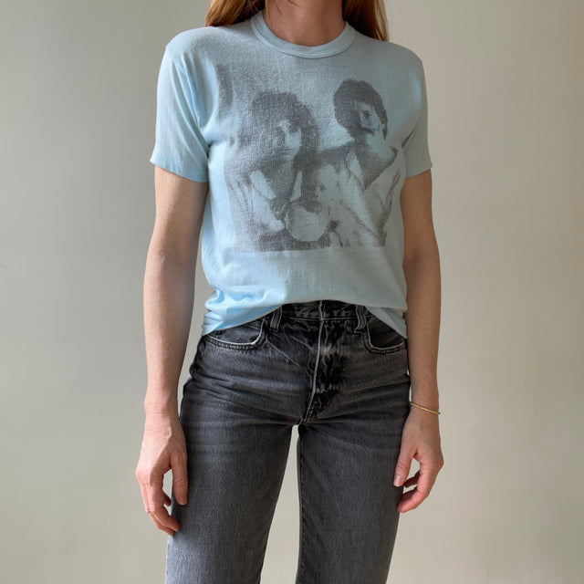 1970s Baby Blue Dot Matrix Family Photo T Shirt