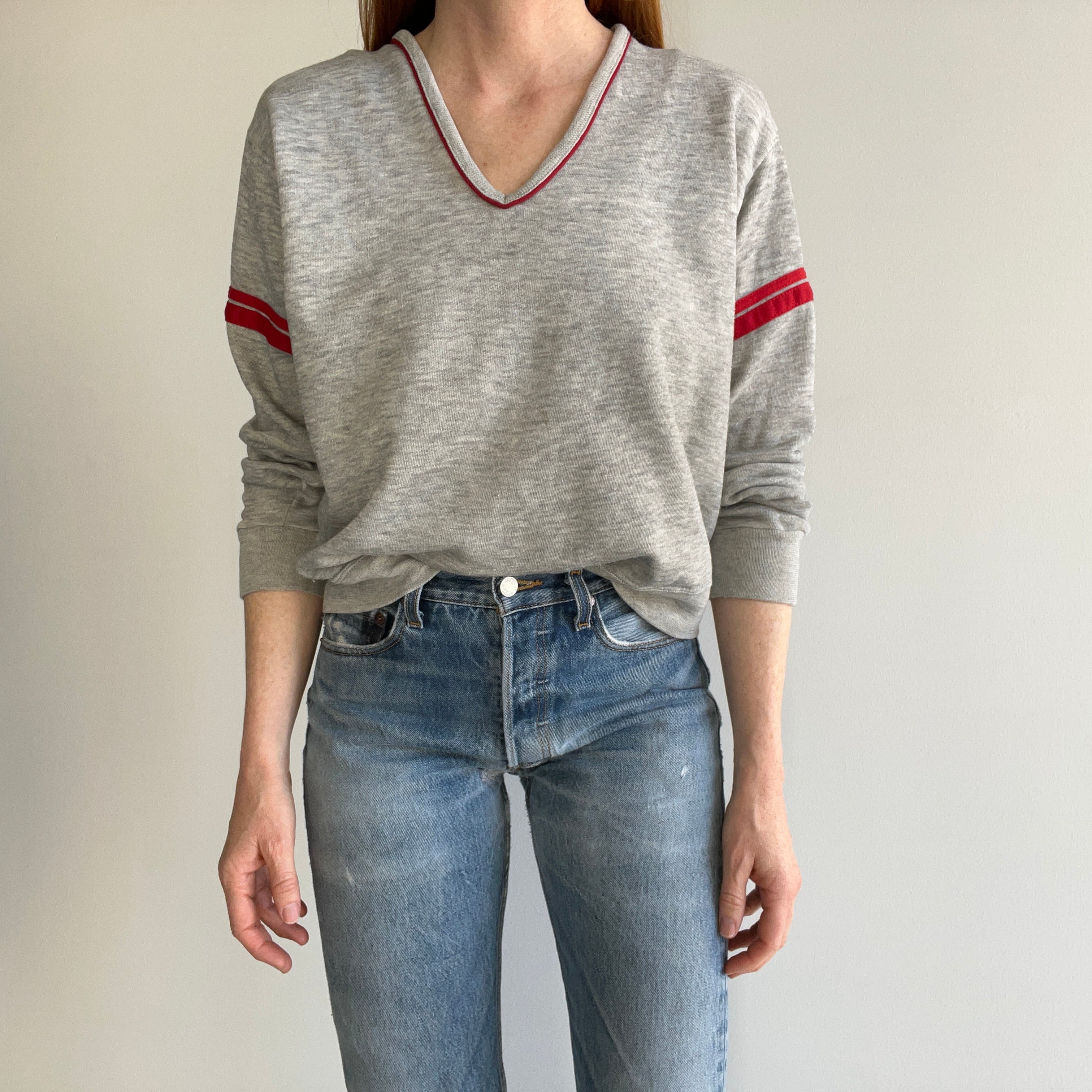 1980s Ruth's Paper Thin Worn Out Bassett Walker Double Stripe V-Neck Sweatshirt