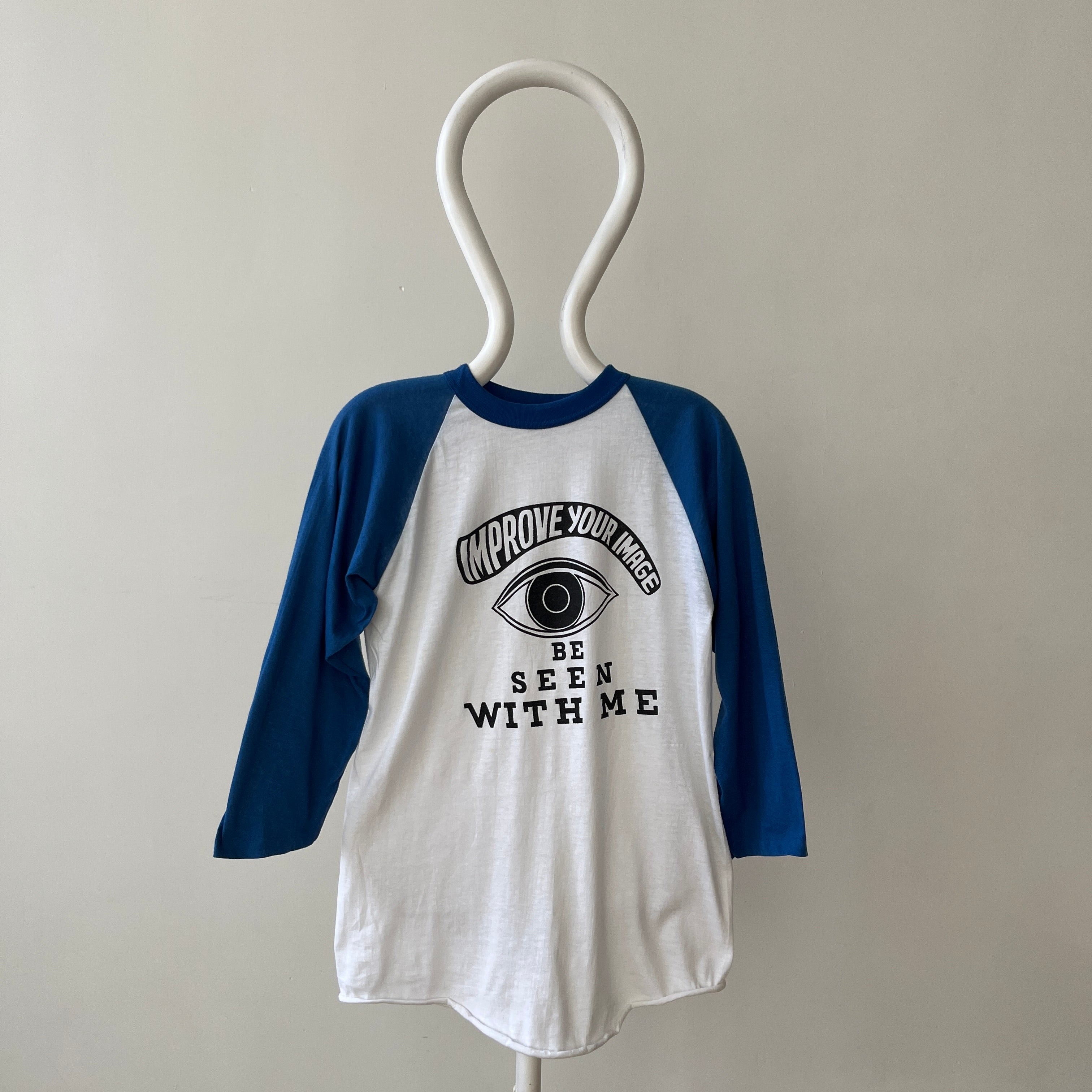1980s Blue and White Improve Your Image Baseball T Shirt