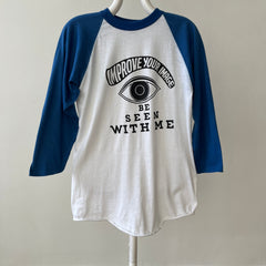 1980s Blue and White Improve Your Image Baseball T Shirt