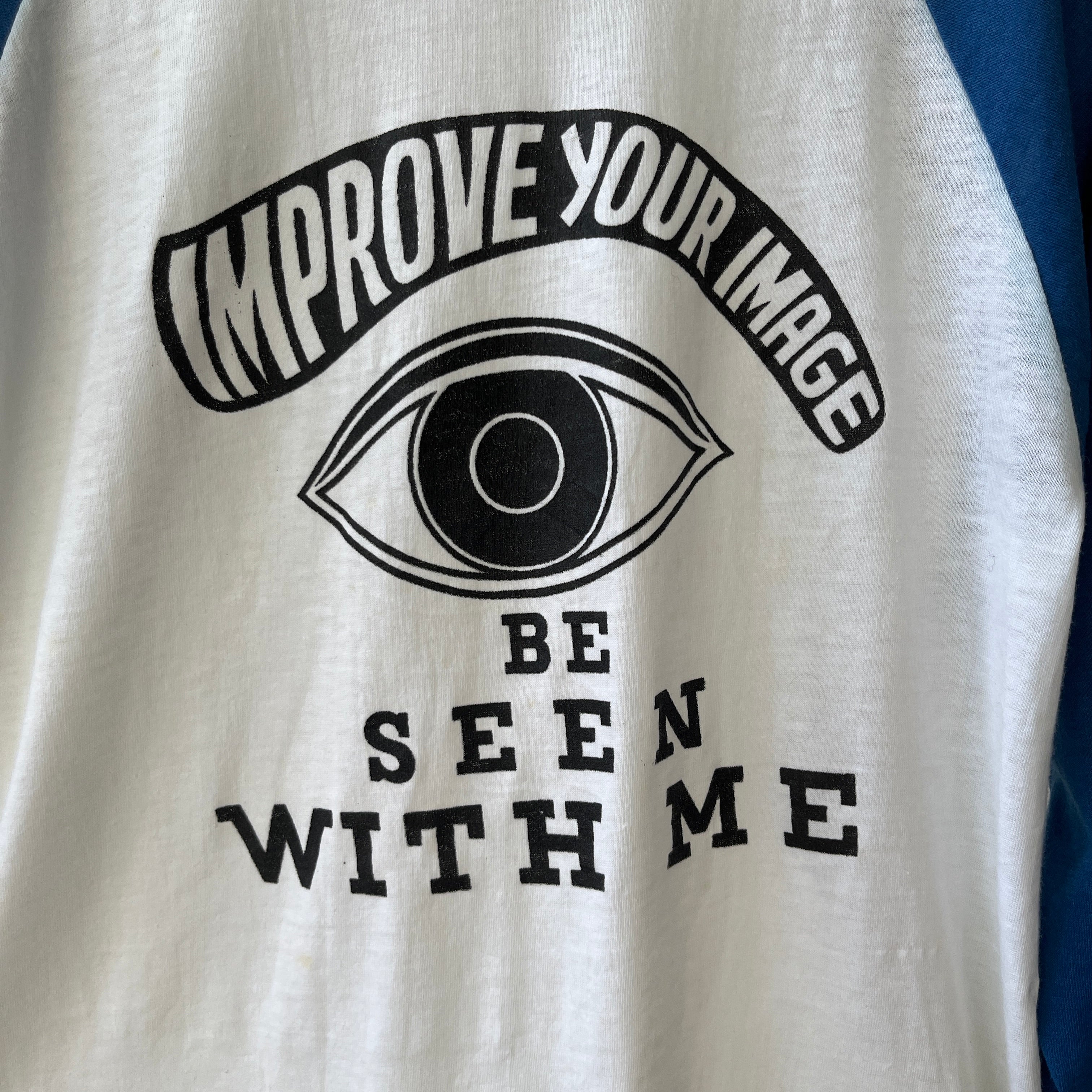 1980s Blue and White Improve Your Image Baseball T Shirt