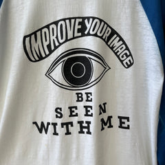 1980s Blue and White Improve Your Image Baseball T Shirt