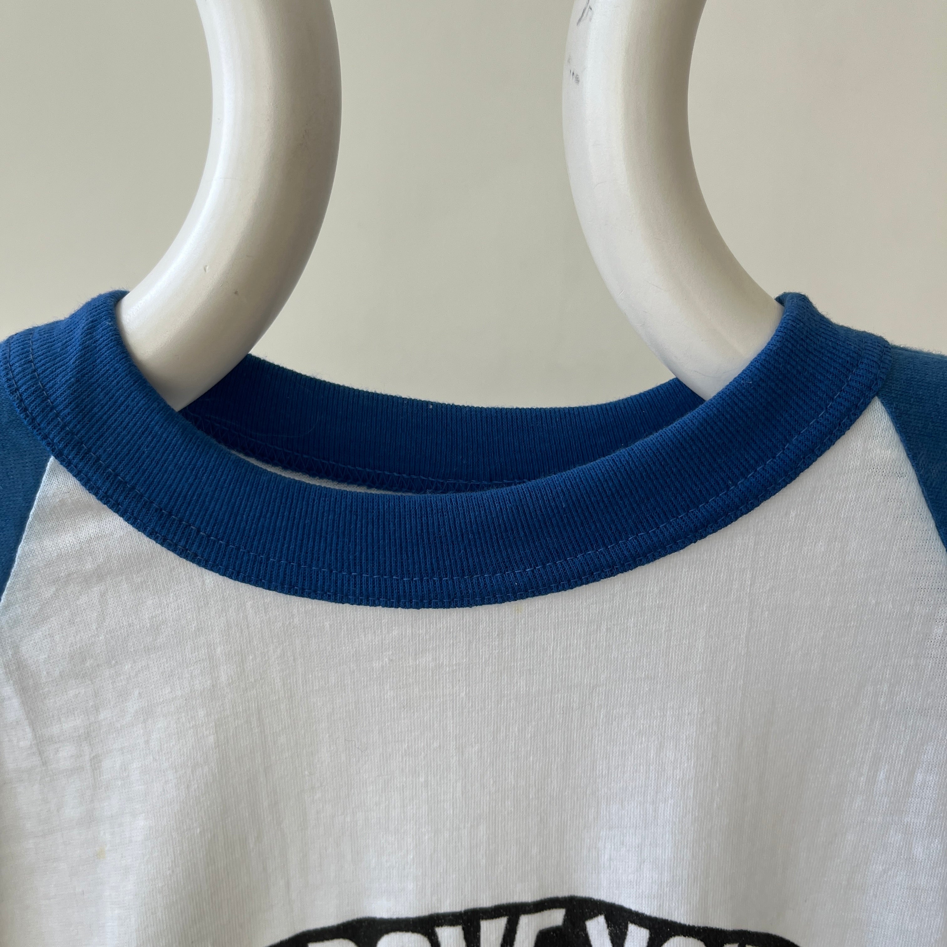 1980s Blue and White Improve Your Image Baseball T Shirt