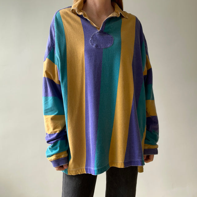 1980s Thinned Out and Slouchy Longer Mardi Gras Tattered Striped Rugby Shirt