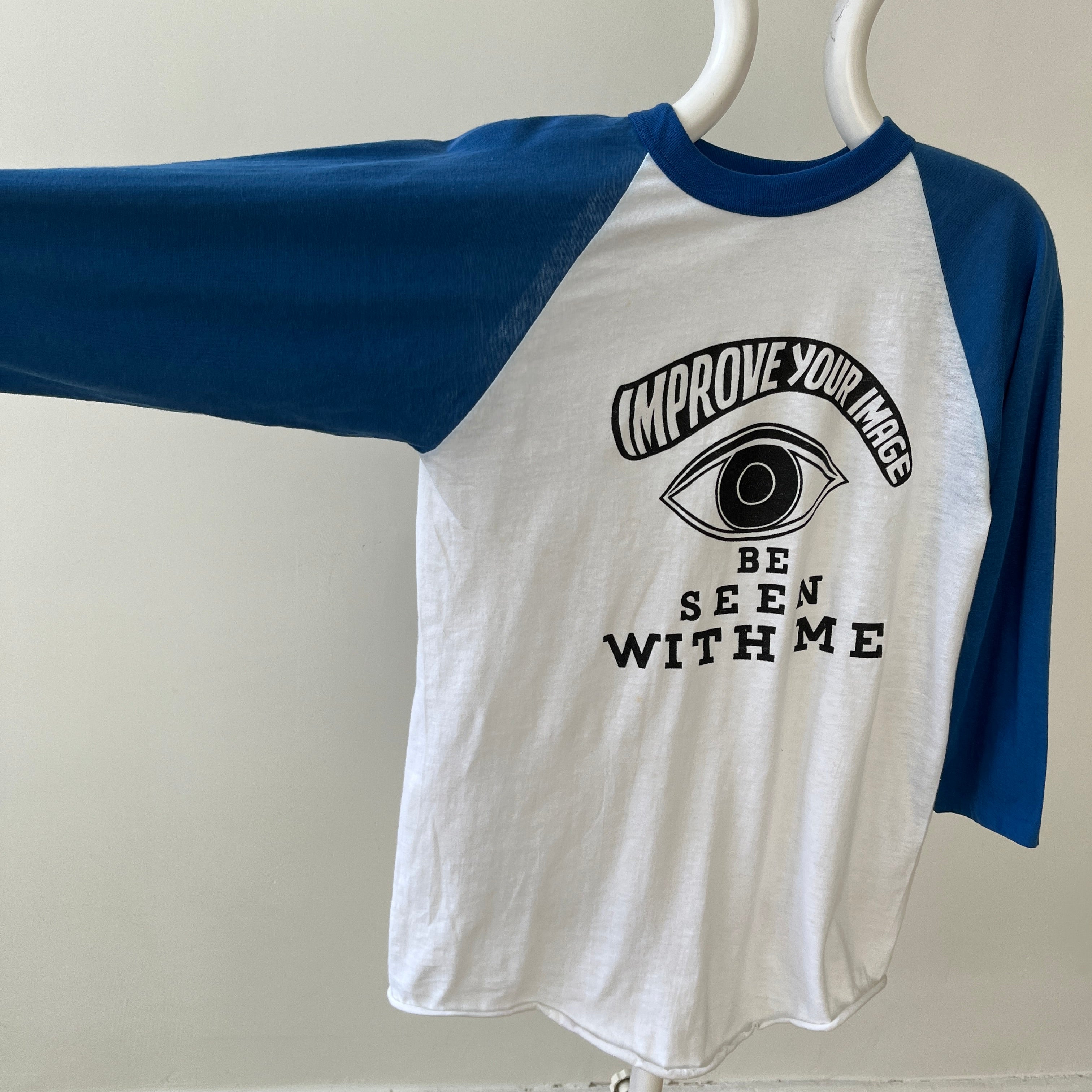 1980s Blue and White Improve Your Image Baseball T Shirt