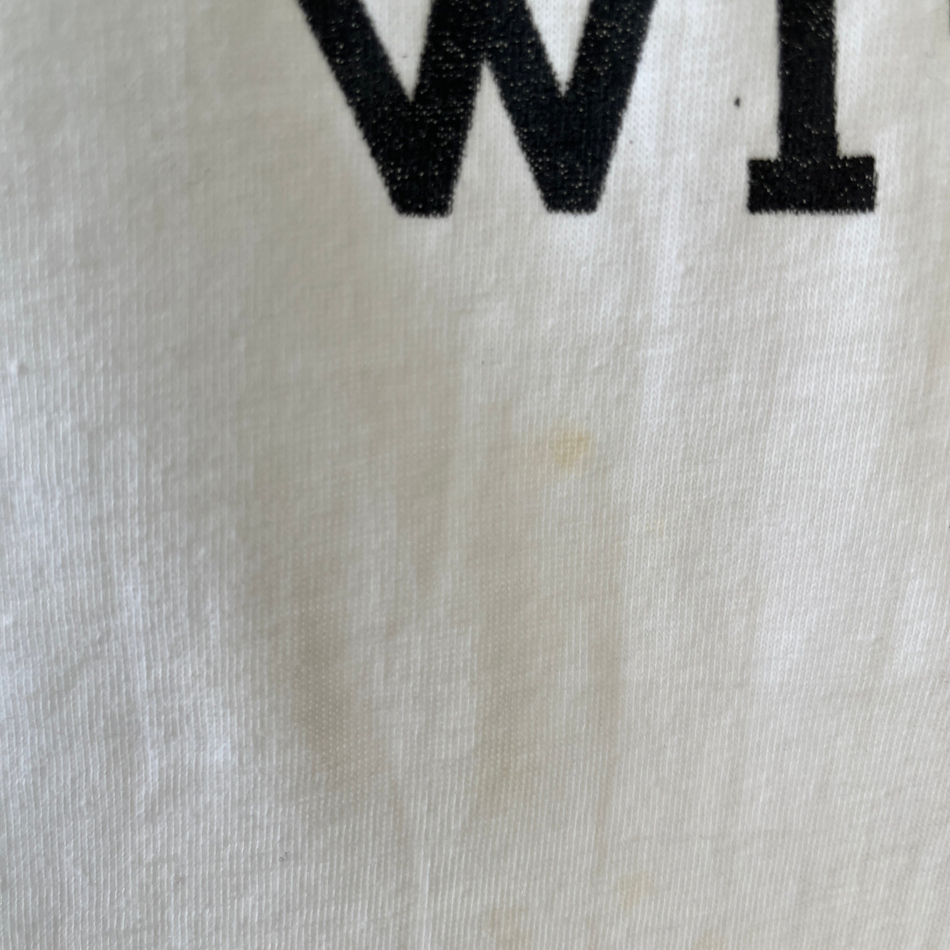 1980s Blue and White Improve Your Image Baseball T Shirt