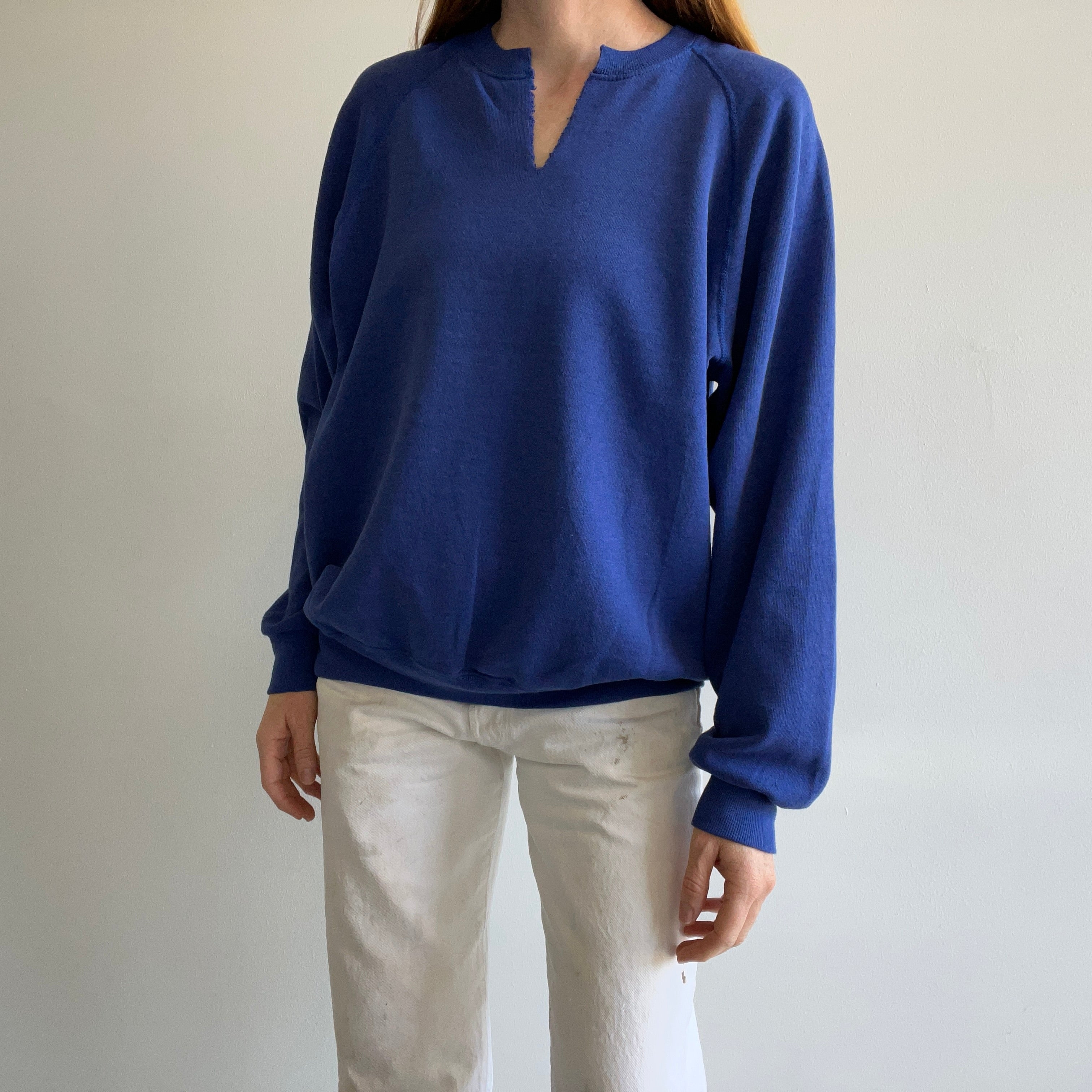 1980/1990s Blank Blue Raglan by Lee Brand with DIY Neck