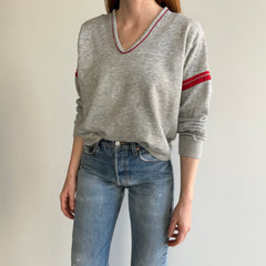 1980s Ruth's Paper Thin Worn Out Bassett Walker Double Stripe V-Neck Sweatshirt