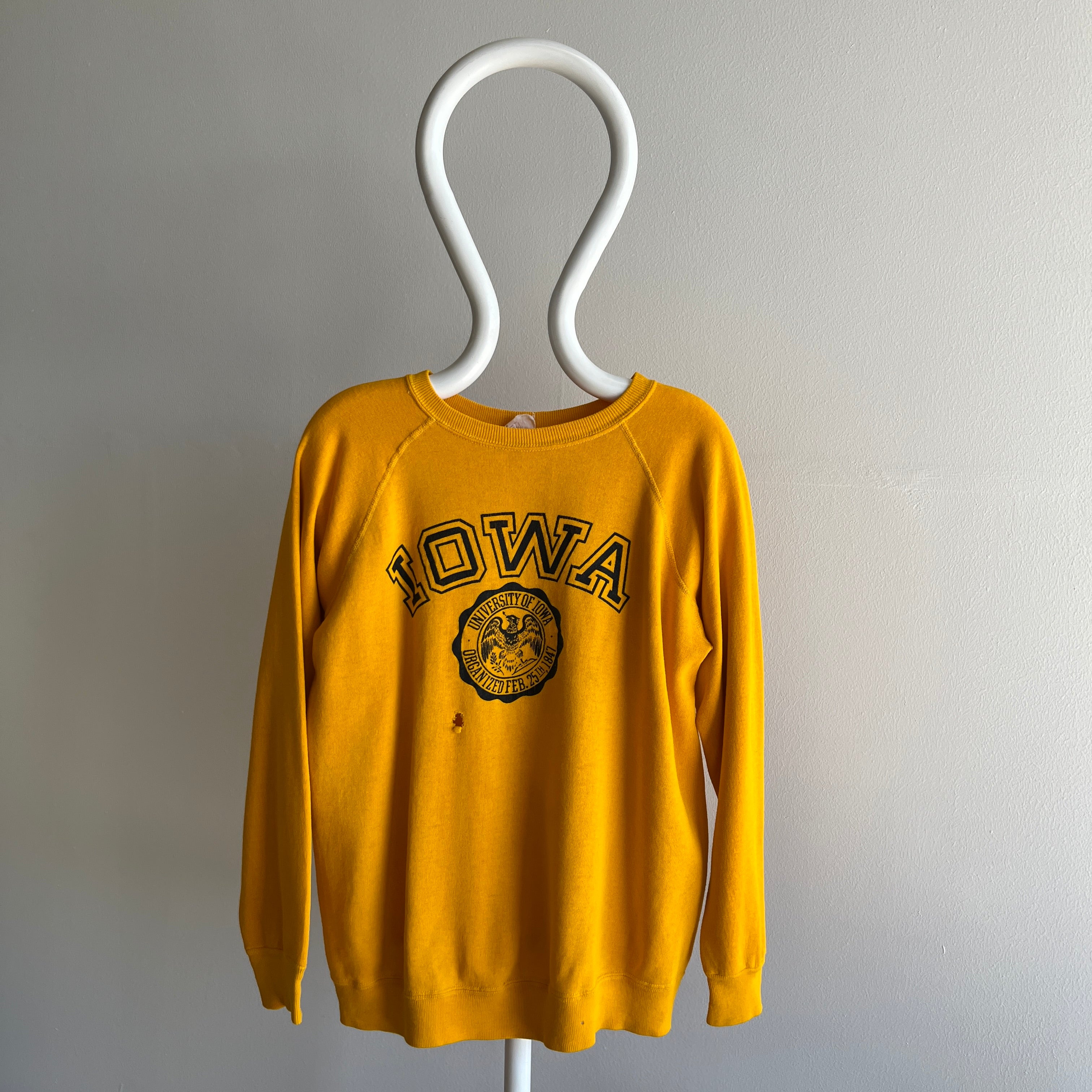 1970s Collegiate Pacific Iowa Beat Up and Thrashed Sweatshirt with Underarm Gussets and Holes