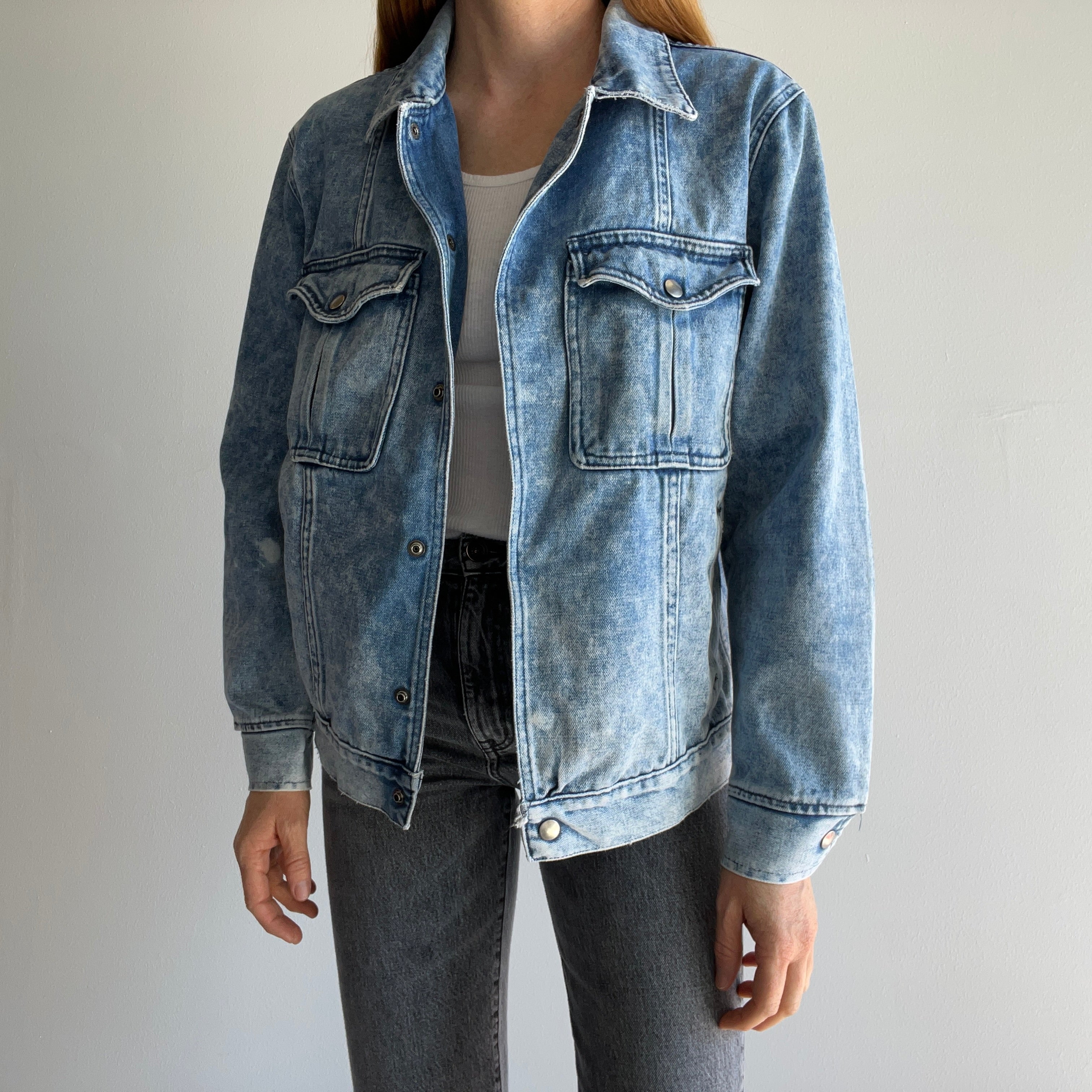1980s Acid Wash Epic Chest Pocket Snap Denim Jacket with Bleach Staining