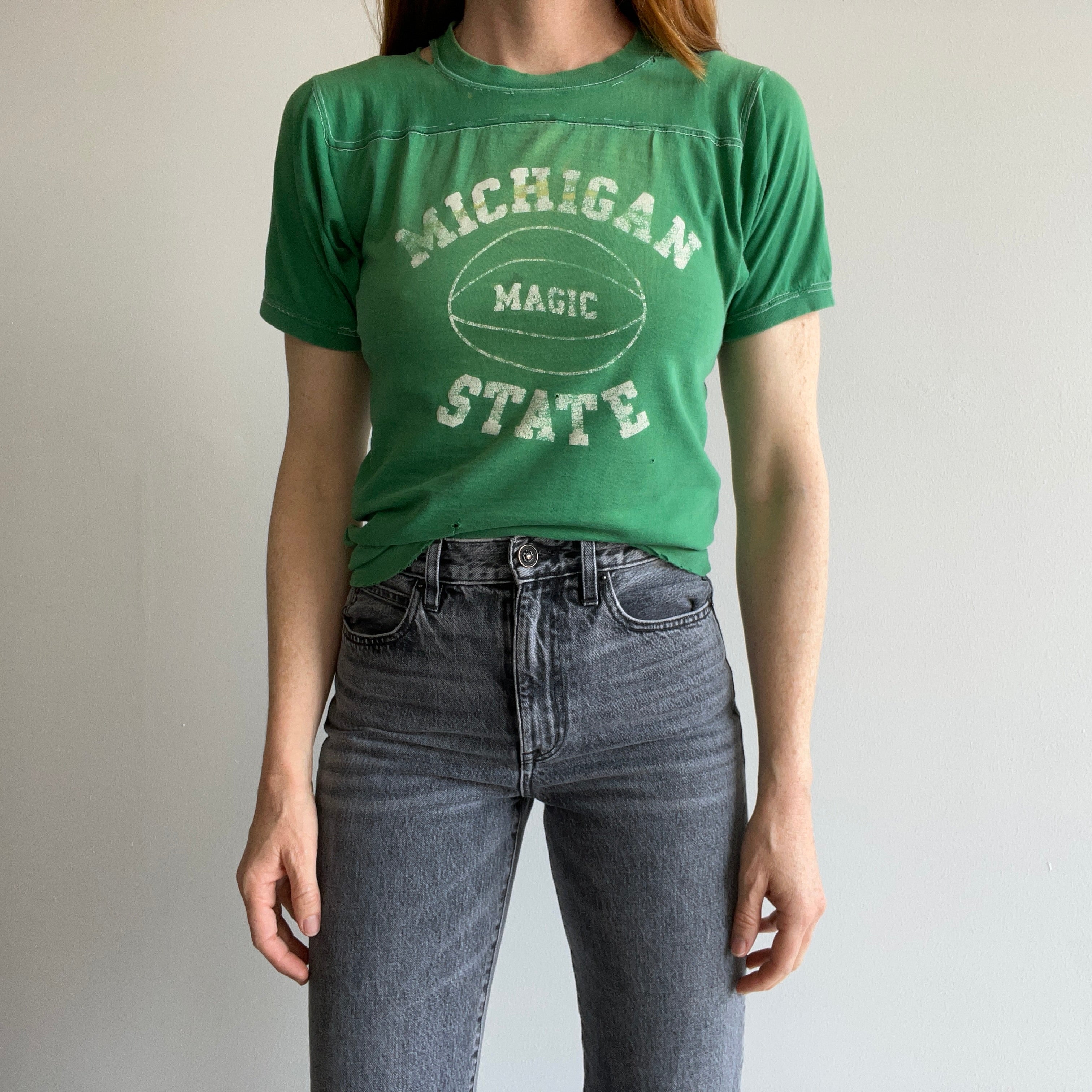 1970s Nicely Destroyed Michigan State Football T-Shirt by Wolf !!!!