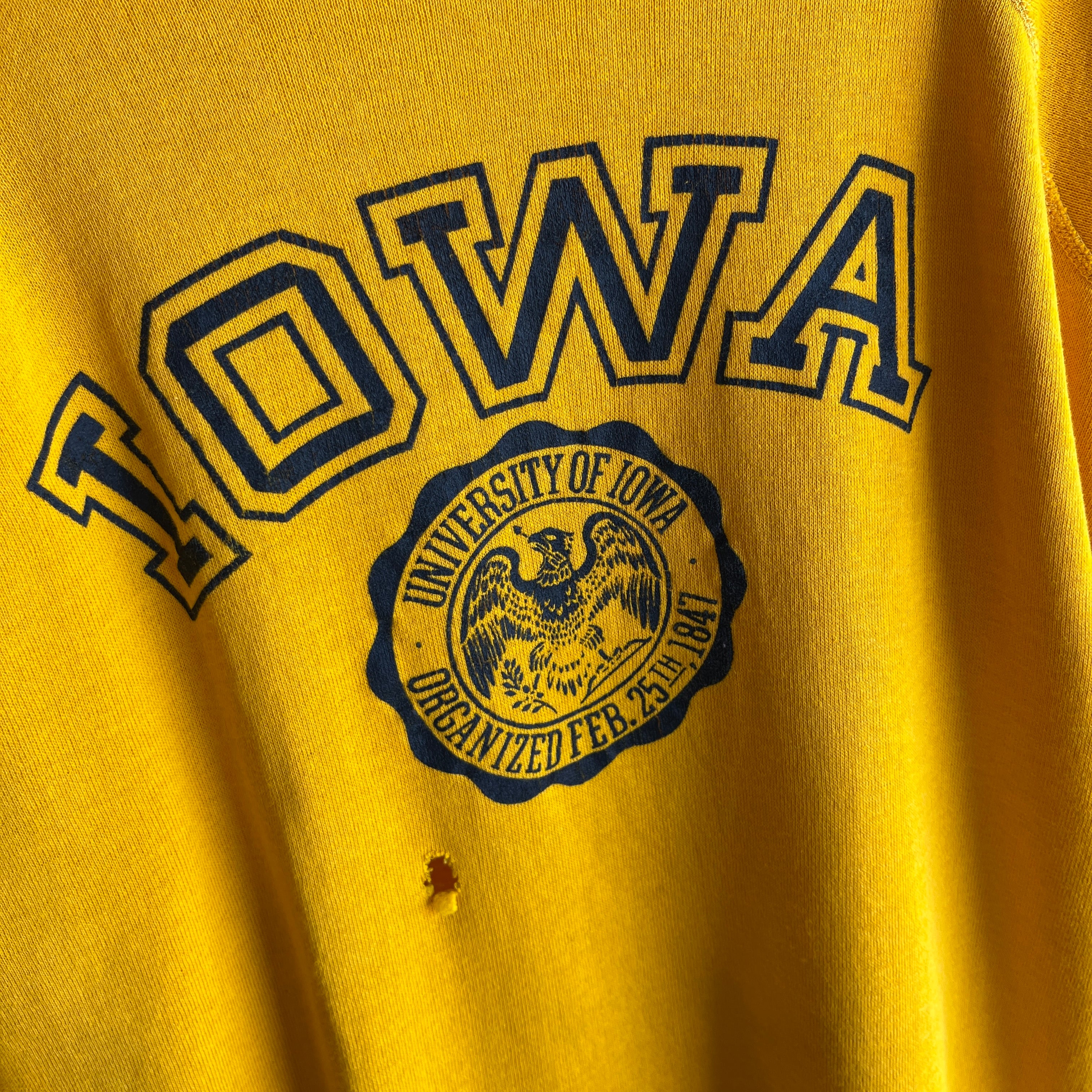 1970s Collegiate Pacific Iowa Beat Up and Thrashed Sweatshirt with Underarm Gussets and Holes