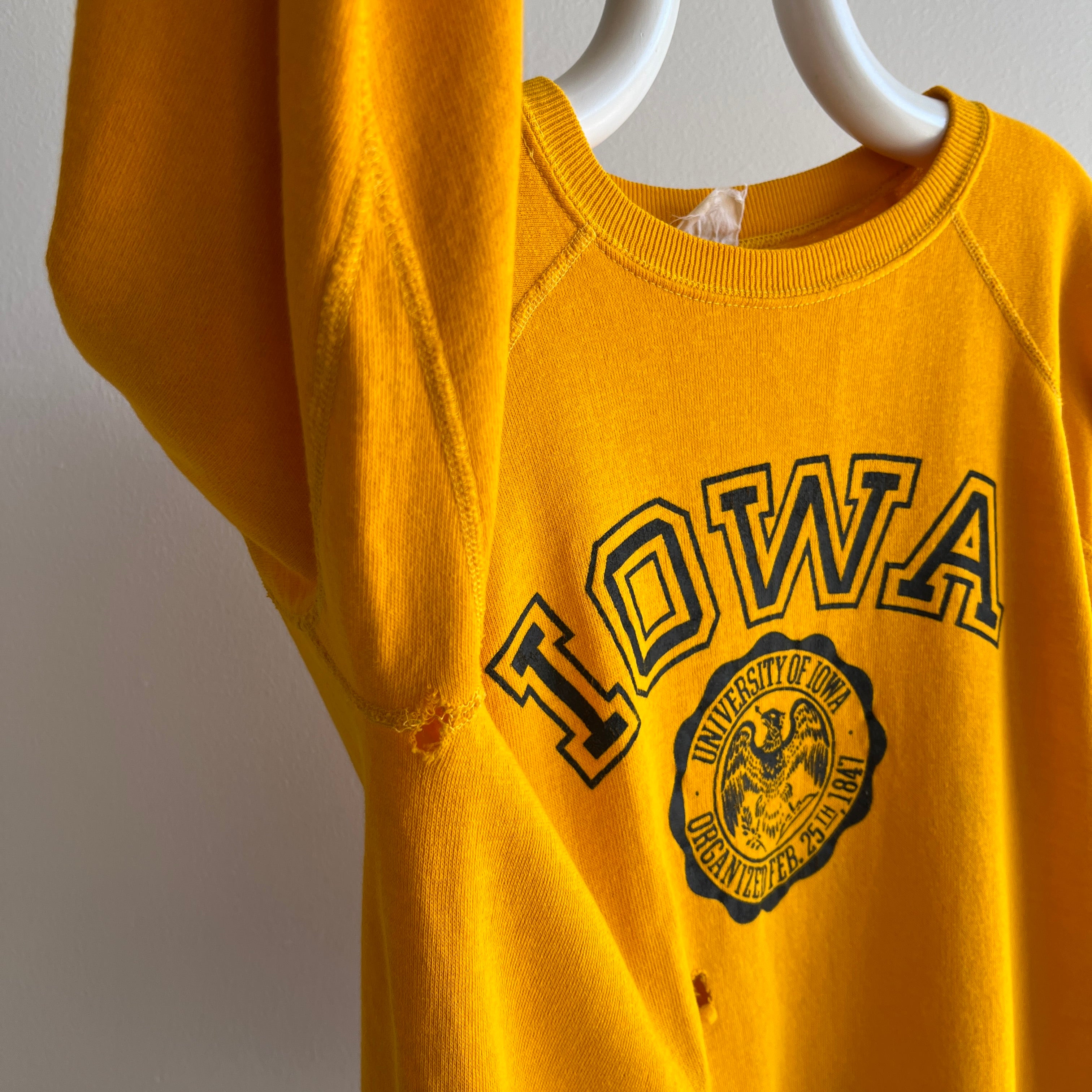 1970s Collegiate Pacific Iowa Beat Up and Thrashed Sweatshirt with Underarm Gussets and Holes