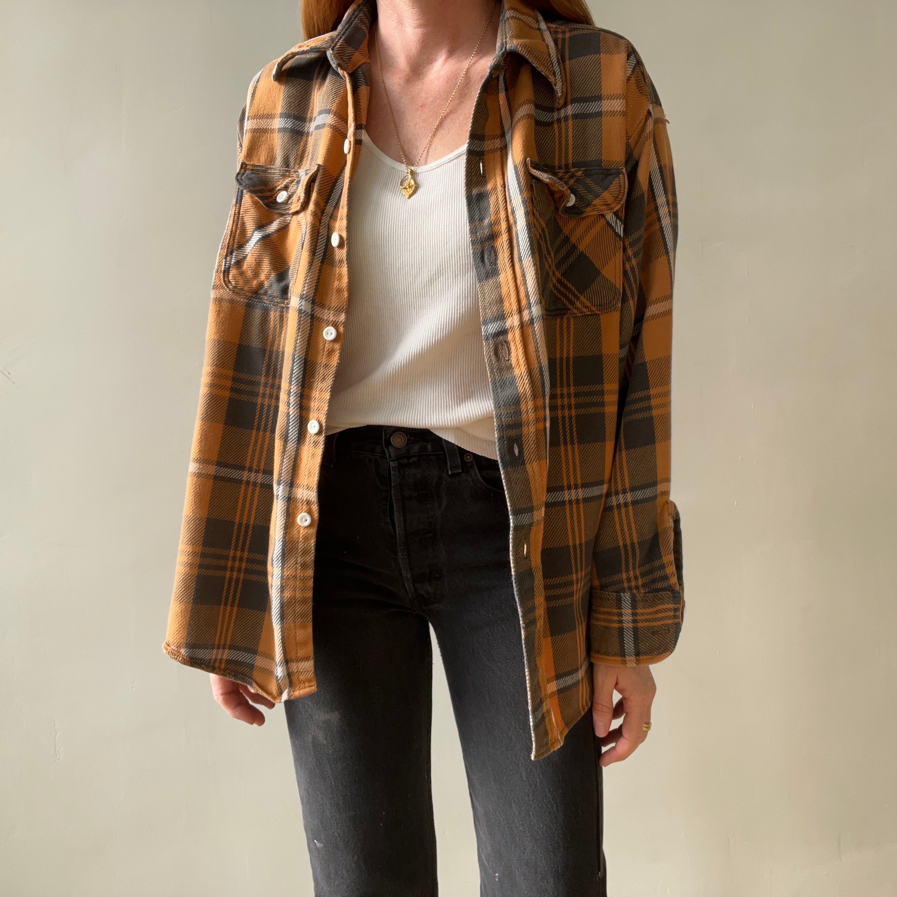 1980s Rust Plaid Cotton Repaired Button Up Shirt with Mending