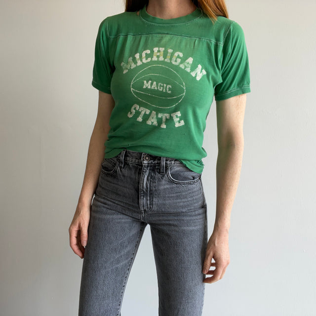 1970s Nicely Destroyed Michigan State Football T-Shirt by Wolf !!!!