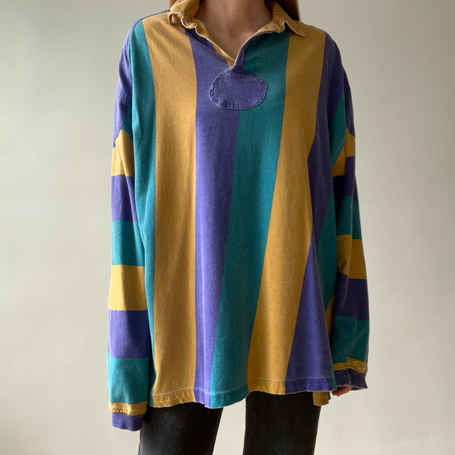 1980s Thinned Out and Slouchy Longer Mardi Gras Tattered Striped Rugby Shirt