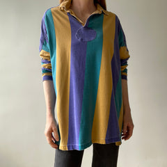 1980s Thinned Out and Slouchy Longer Mardi Gras Tattered Striped Rugby Shirt