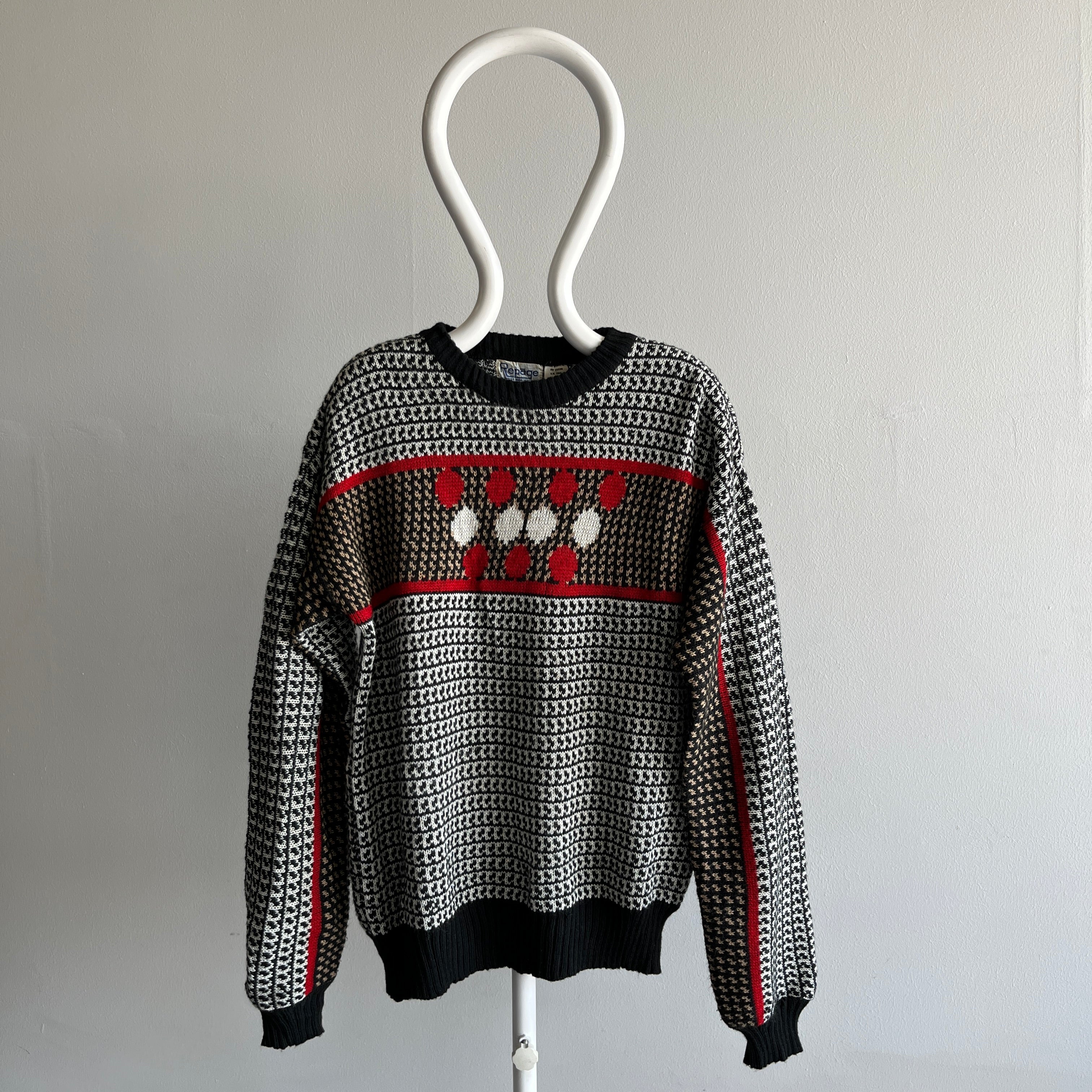 1970s Repage Acrylic Red, White, Tan and Black Knit Ski Sweater