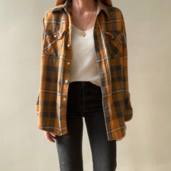 1980s Rust Plaid Cotton Repaired Button Up Shirt with Mending