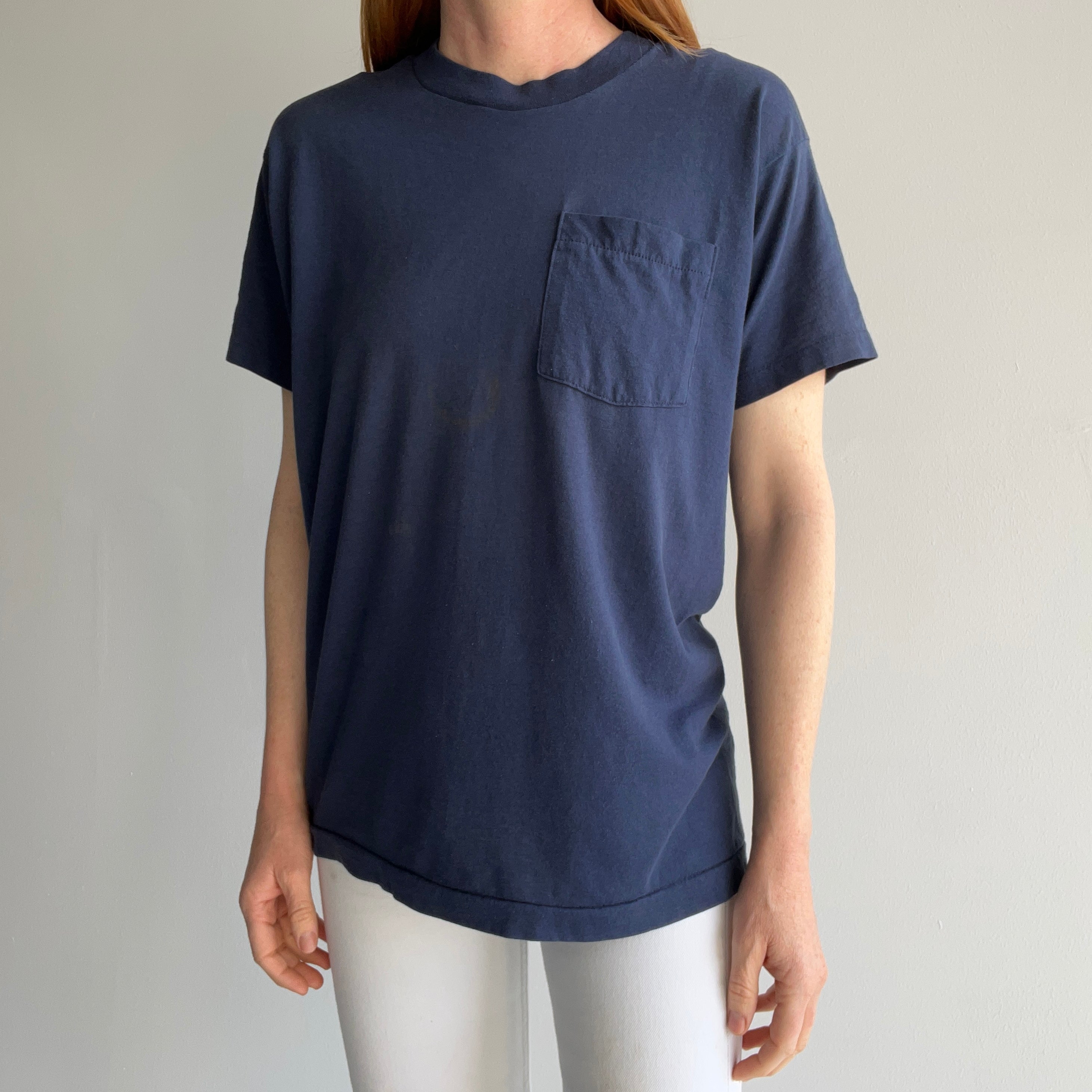 1980s Nicely Thinned Out Sun Faded and Circularly Stained Selvedge Pocket T-Shirt by FOTL