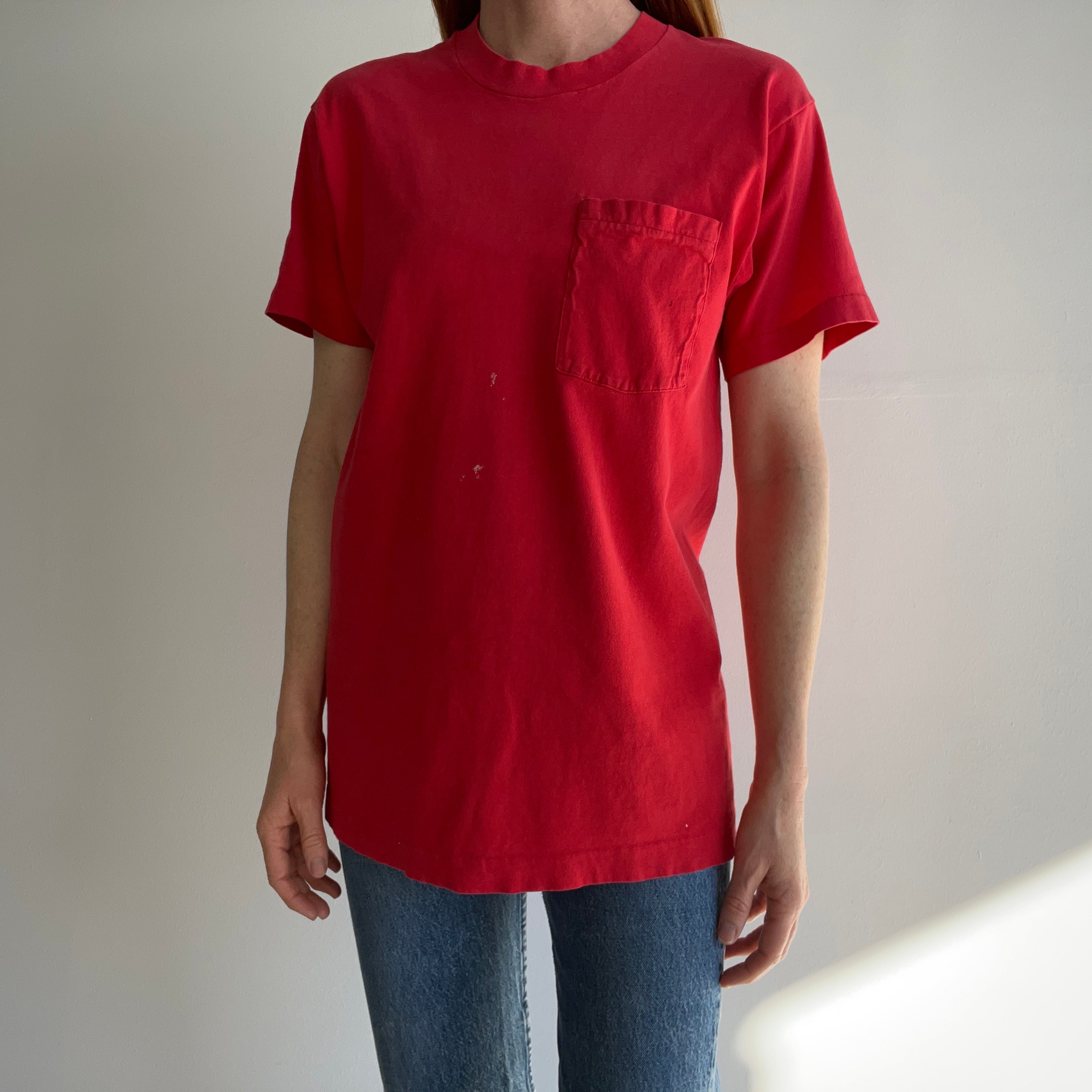 1980s Blank Red Sun Faded and Stained Selvedge Pocket T-Shirt
