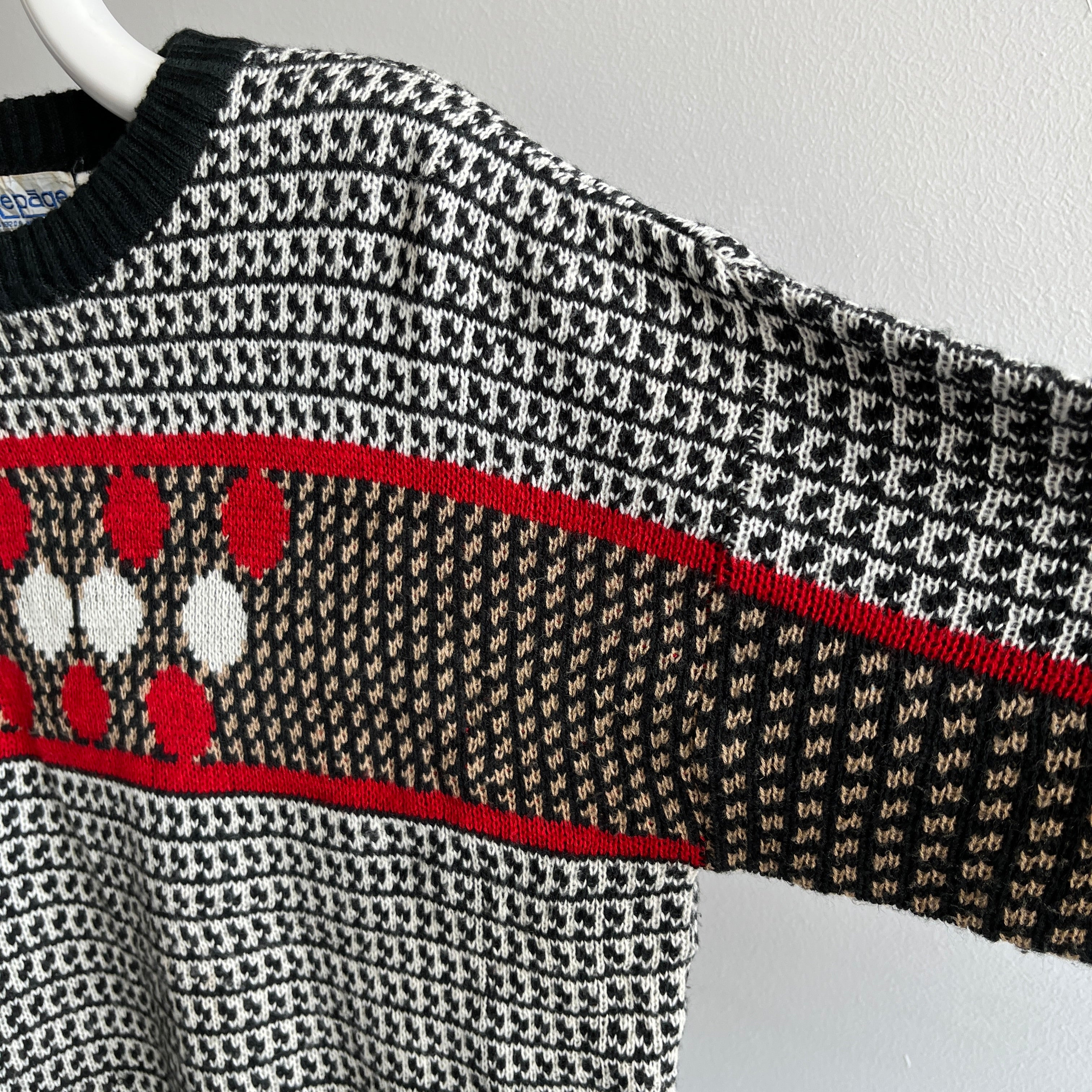 1970s Repage Acrylic Red, White, Tan and Black Knit Ski Sweater