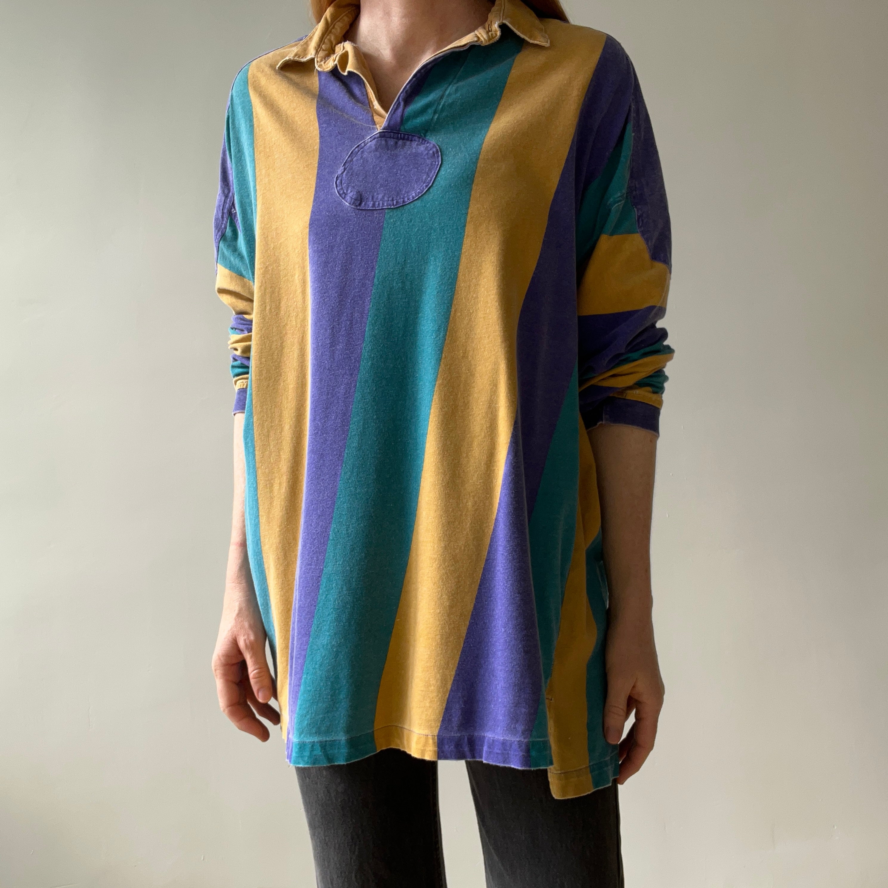 1980s Thinned Out and Slouchy Longer Mardi Gras Tattered Striped Rugby Shirt