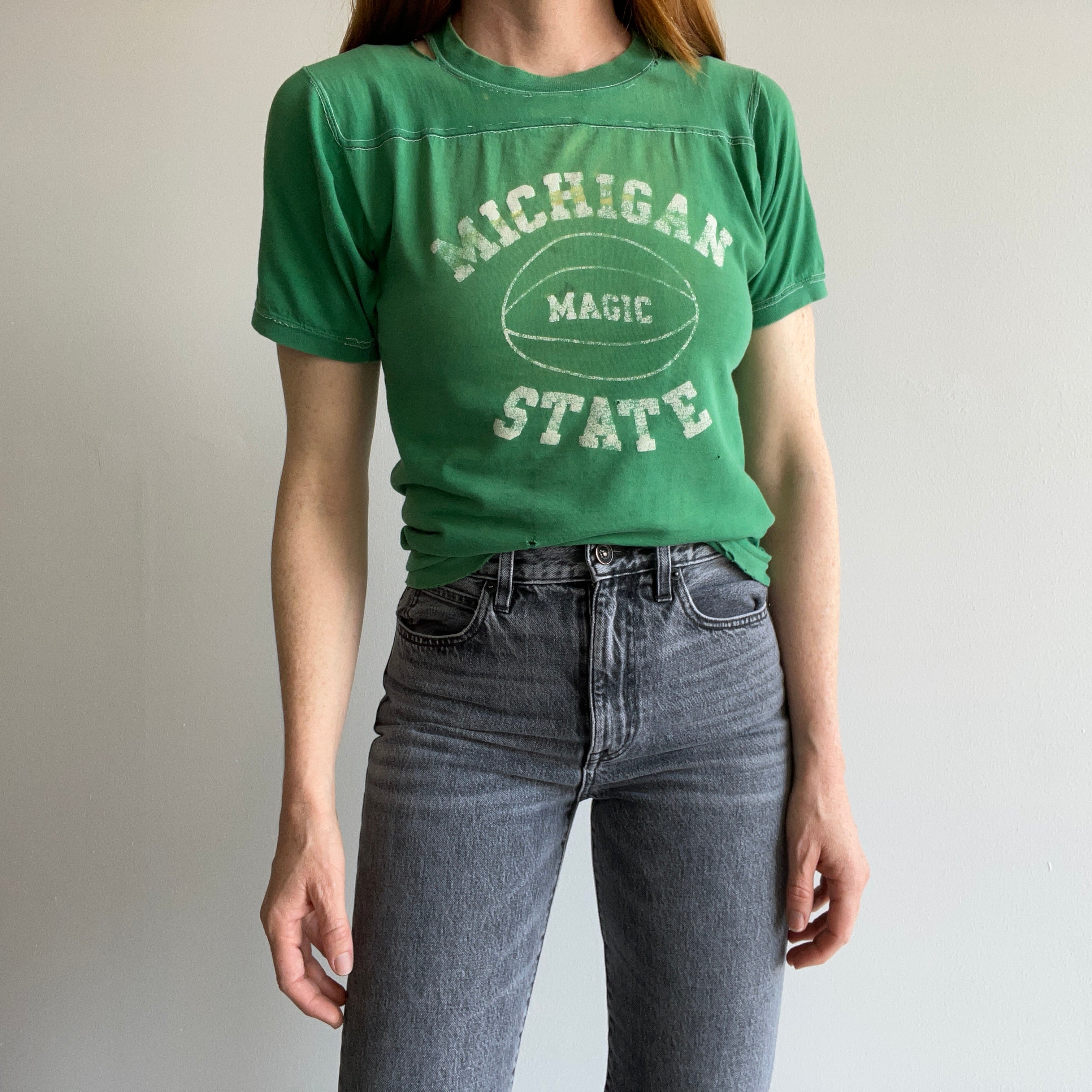 1970s Nicely Destroyed Michigan State Football T-Shirt by Wolf !!!!