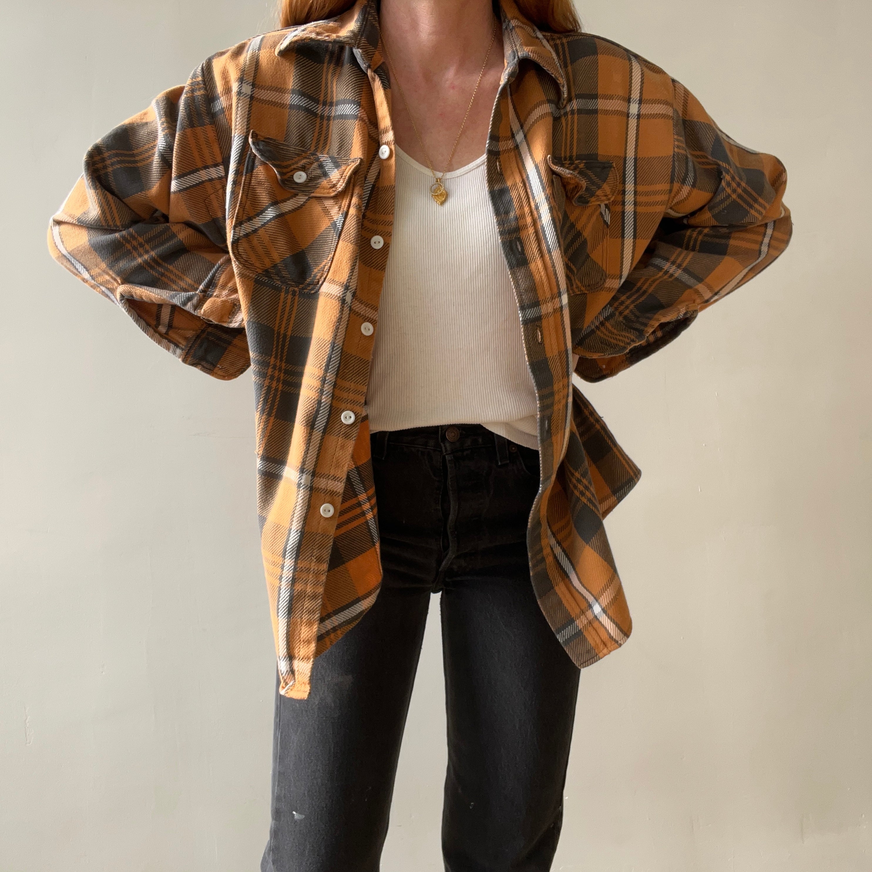 1980s Rust Plaid Cotton Repaired Button Up Shirt with Mending