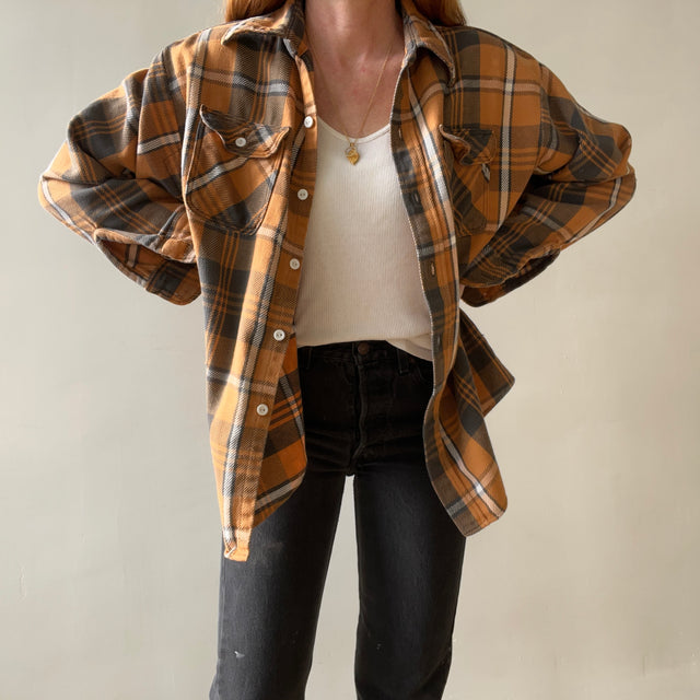 1980s Rust Plaid Cotton Repaired Button Up Shirt with Mending