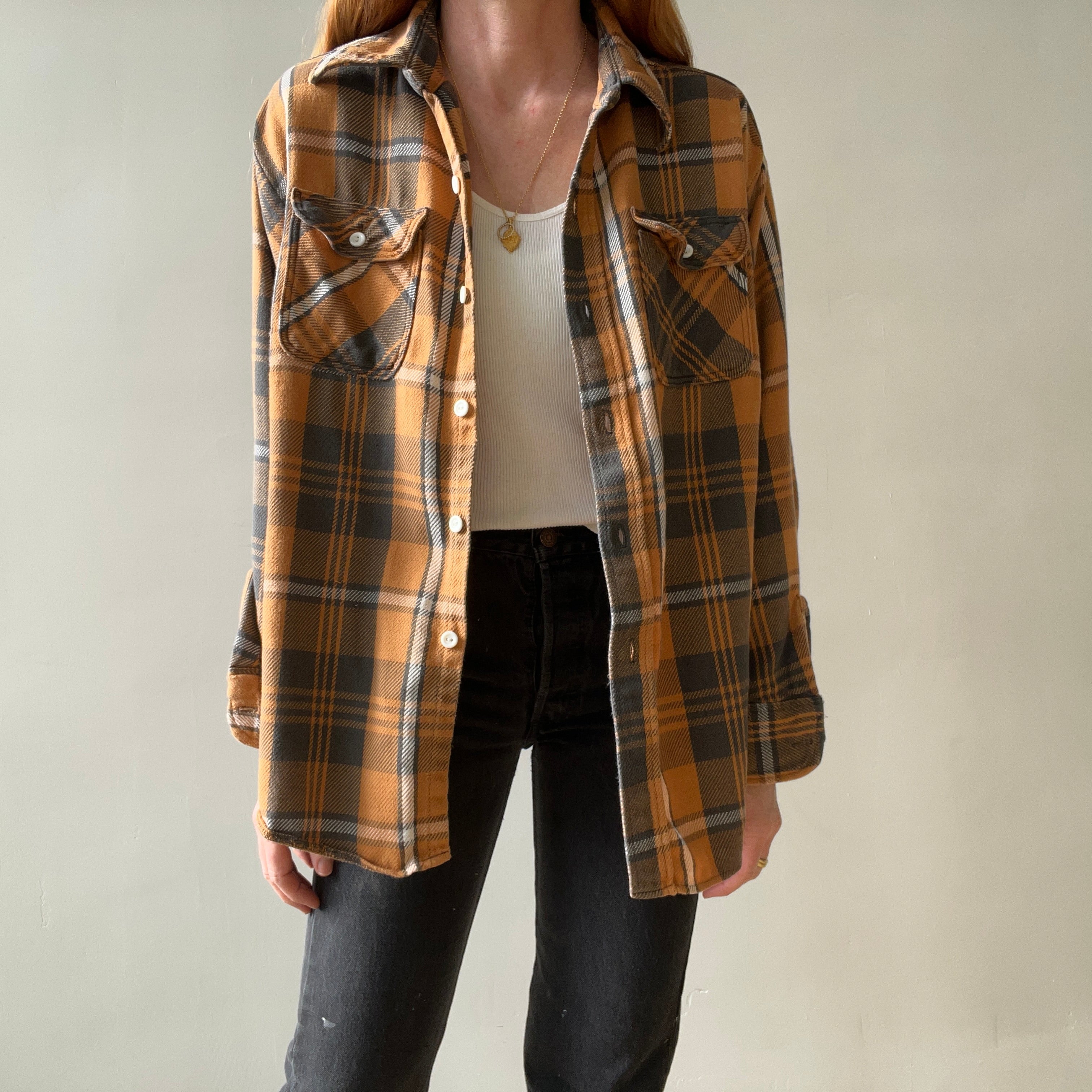 1980s Rust Plaid Cotton Repaired Button Up Shirt with Mending