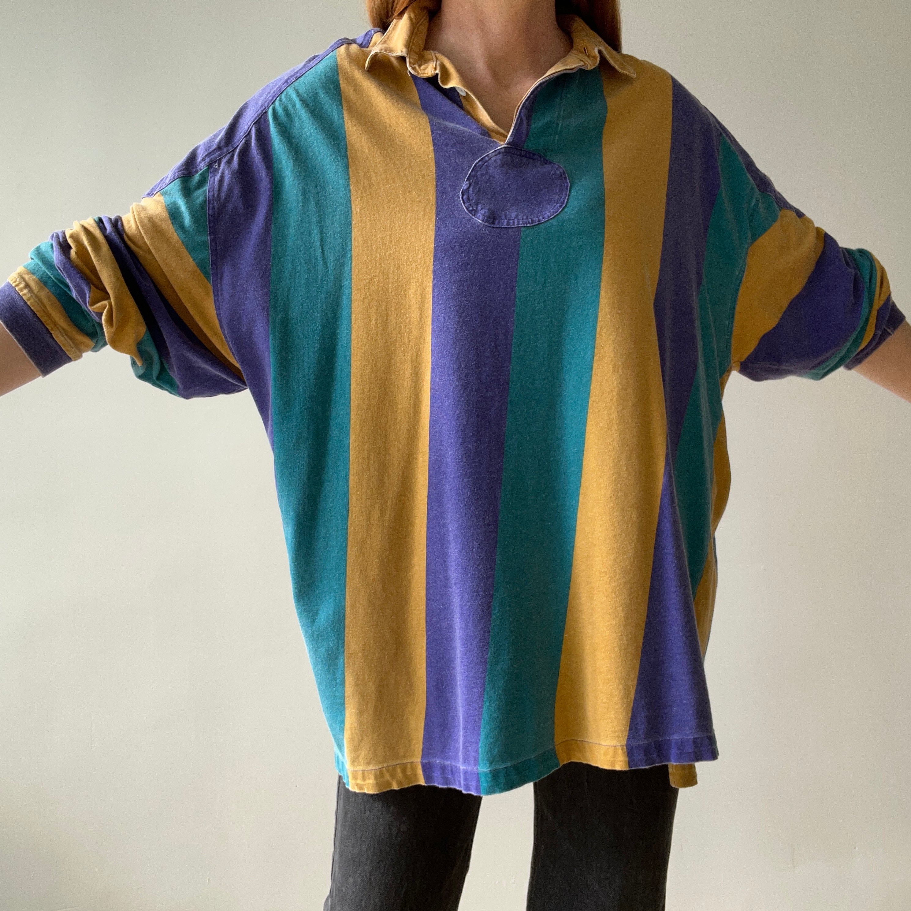 1980s Thinned Out and Slouchy Longer Mardi Gras Tattered Striped Rugby Shirt