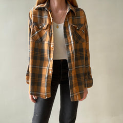 1980s Rust Plaid Cotton Repaired Button Up Shirt with Mending