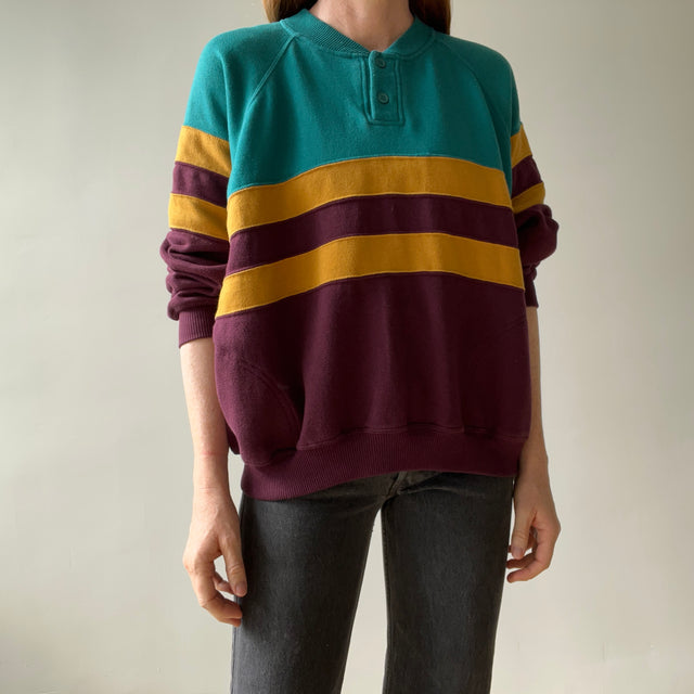 1980s Super Cool Henley Color Block Sweatshirt with Pockets