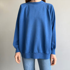 1980s Relaxed Fit Blank Blue Raglan Sweatshirt