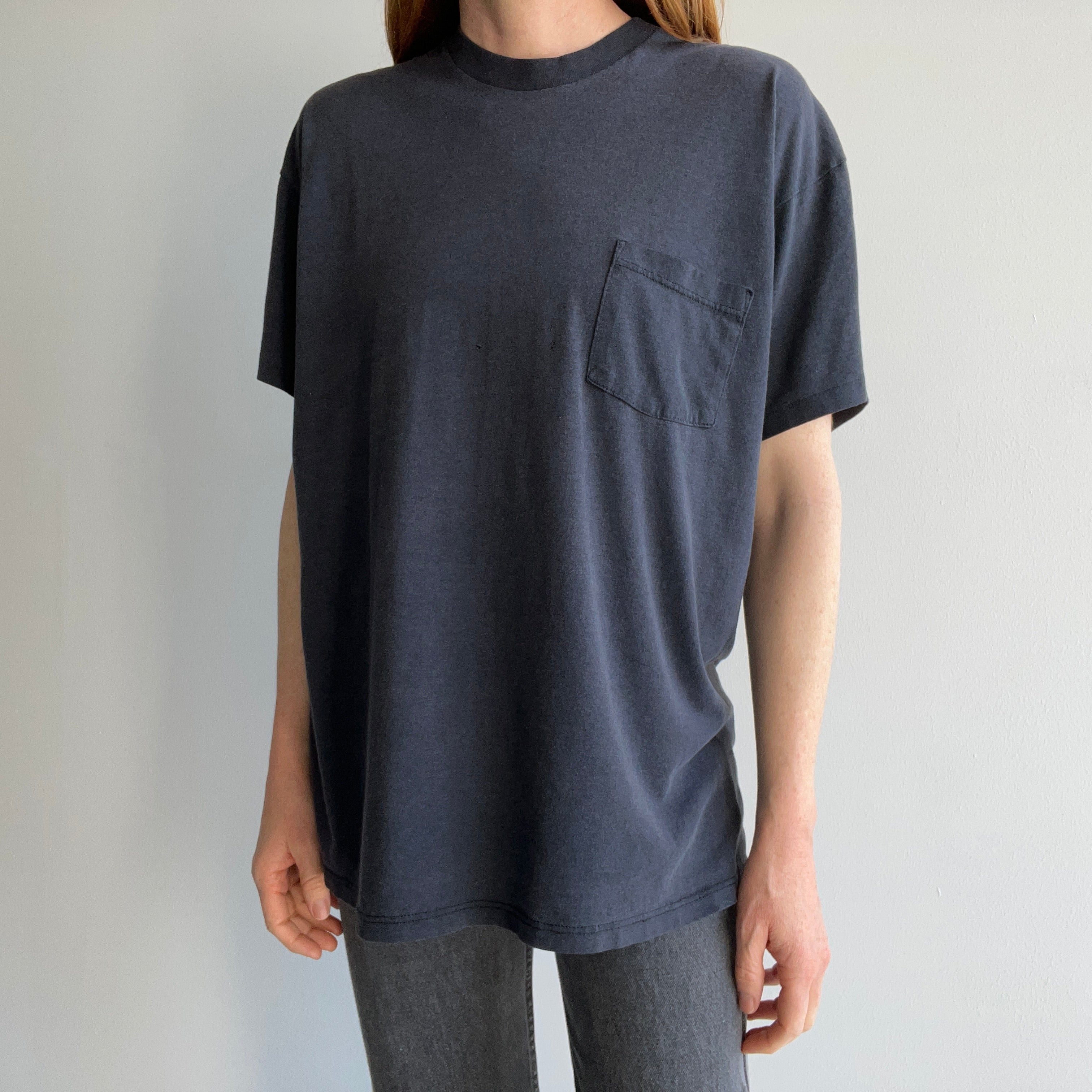 1990s Soft, Thin, Slouchy, Worn, Rad, Black/Gray/Navy Pocket T-shirt