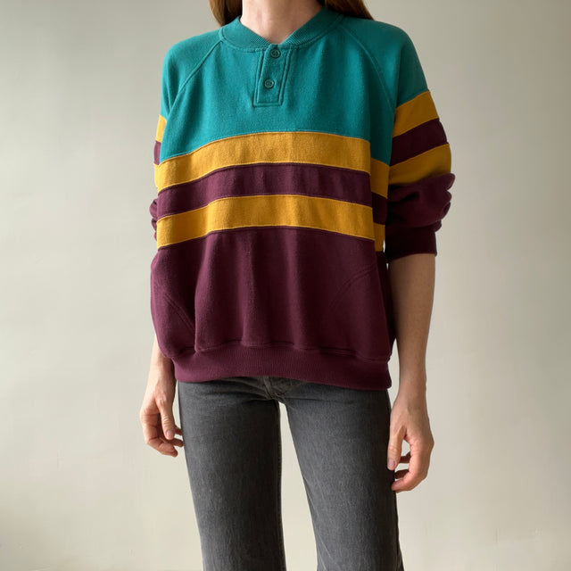 1980s Super Cool Henley Color Block Sweatshirt with Pockets