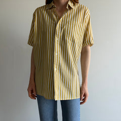 1980s Mustard and White Striped Short Sleeve Button Up Shirt