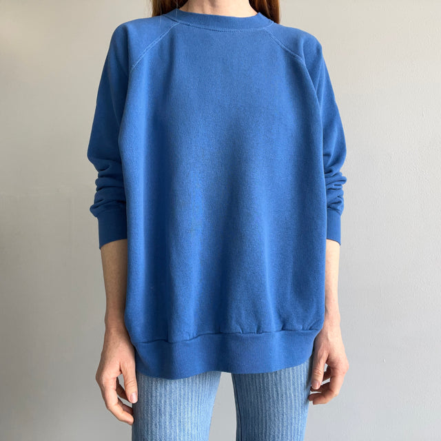 1980s Relaxed Fit Blank Blue Raglan Sweatshirt