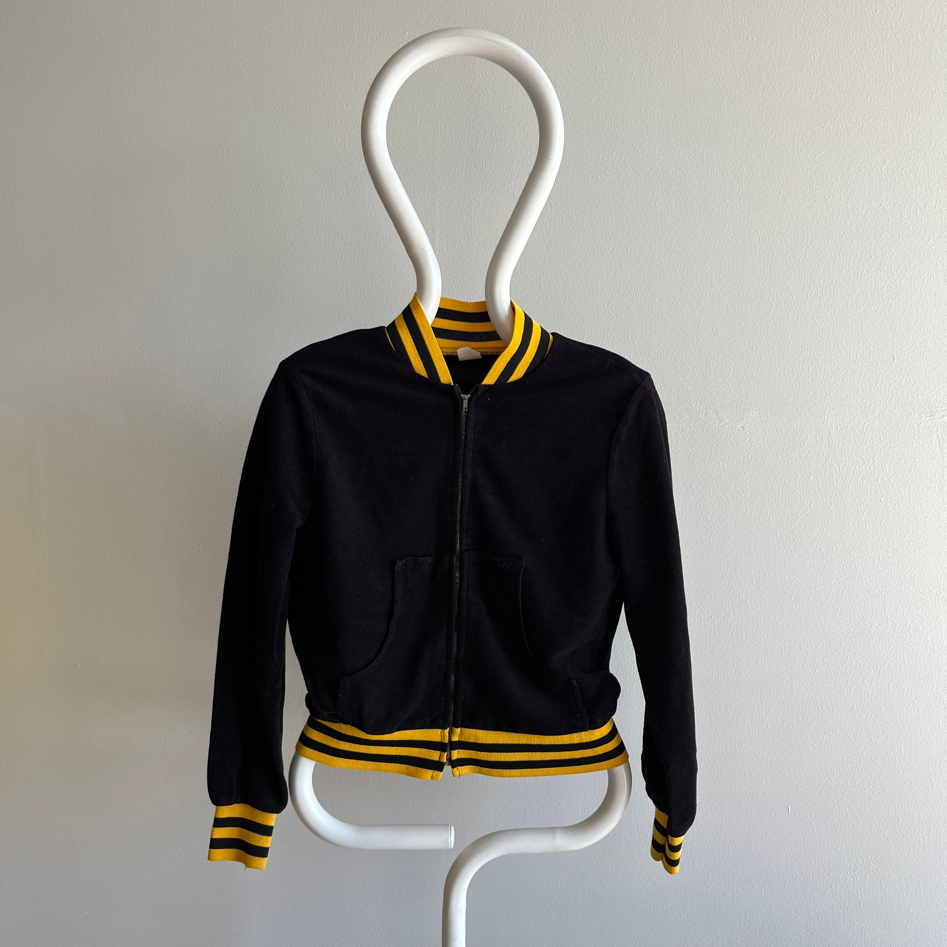 1970s Black and Yellow Microsuede (Feel) Baseball Bomber Zip Up Jacket - WOW