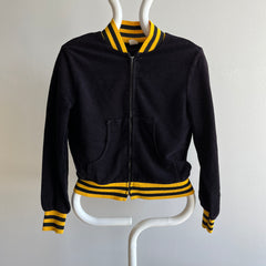 1970s Black and Yellow Microsuede (Feel) Baseball Bomber Zip Up Jacket - WOW