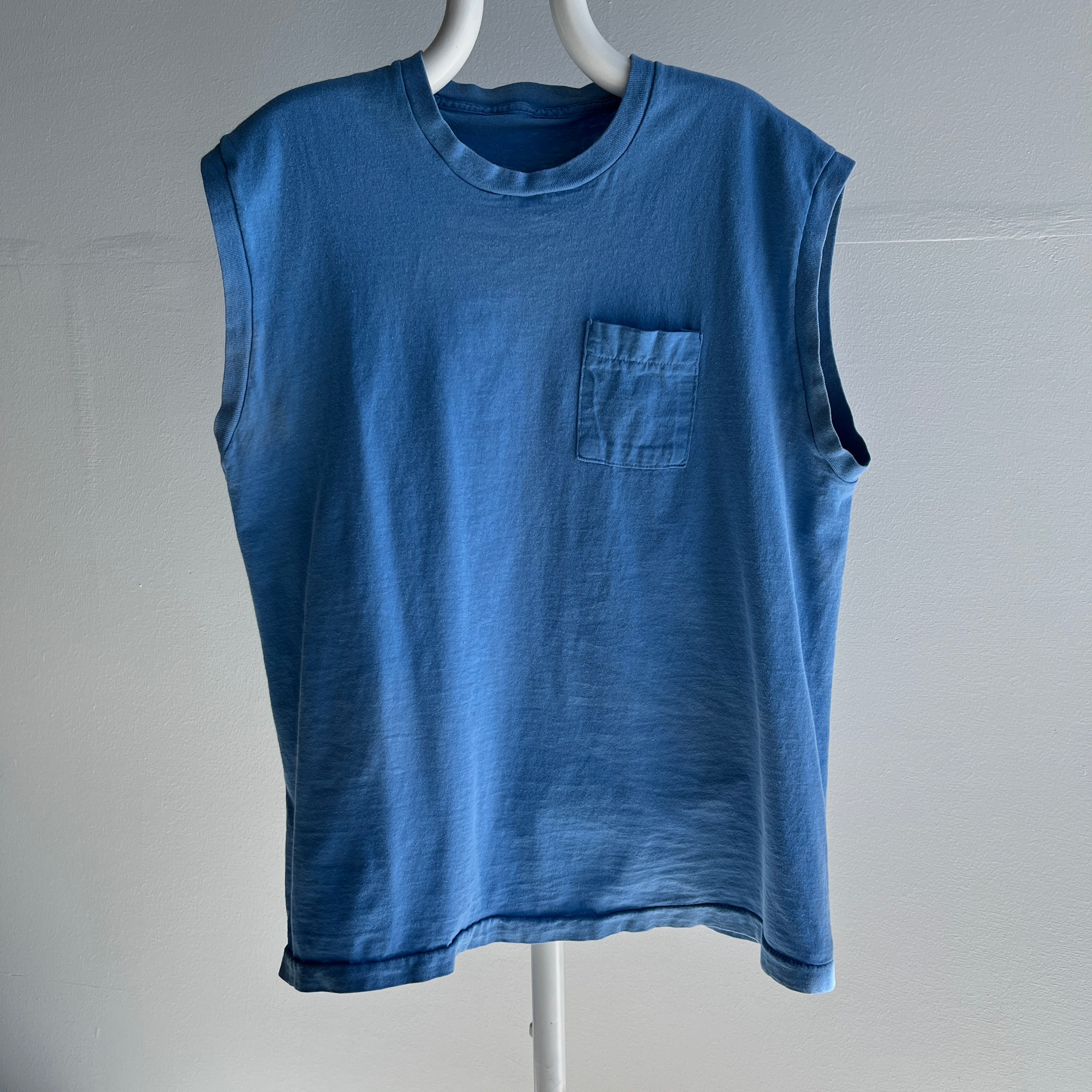 1980s Sky Blue Medium Weight Cotton Selvedge Pocket Muscle Tank