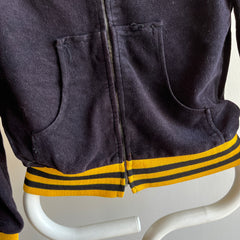 1970s Black and Yellow Microsuede (Feel) Baseball Bomber Zip Up Jacket - WOW