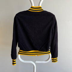 1970s Black and Yellow Microsuede (Feel) Baseball Bomber Zip Up Jacket - WOW