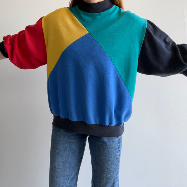 1980s Thin and Slouchy Color Block Mock Neck Sweatshirt (Lightweight)